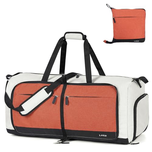 Lekesky Reisetasche Damen 80L Faltbare Reisetasche Weekender Sporttasche mit Schuhfach, wasserdichte Handgepäck Tasche/Sporttasche/Krankenhaustasche （Beige mit Zimt） von Lekesky