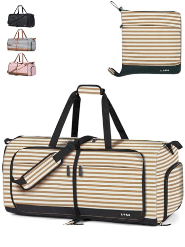 Lekesky Reisetasche Damen 80L Faltbare Reisetasche Weekender Sporttasche mit Schuhfach, wasserdichte Handgepäck Tasche/Sporttasche/Krankenhaustasche (Beige und Braun gestreift) von Lekesky