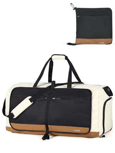Lekesky Reisetasche Damen 80L Faltbare Reisetasche Weekender Sporttasche mit Schuhfach, wasserdichte Handgepäck Tasche/Sporttasche/Krankenhaustasche (Schwarz und Braun) von Lekesky