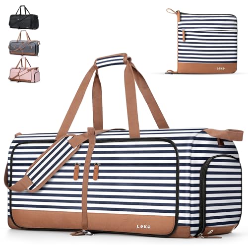 Lekesky Reisetasche Damen 60L Faltbare Reisetasche Weekender Sporttasche mit Schuhfach, wasserdichte Handgepäck Tasche/Sporttasche/Krankenhaustasche (Blau Gestreift) von Lekesky