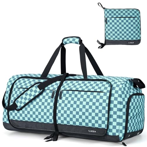 Lekesky Reisetasche Große 80L mit Schuhfach, Faltbare Reisetasche Weekender Damen fur Reisen, Krankenhaus, Strand, Camping (Grünes Schachbrett) von Lekesky
