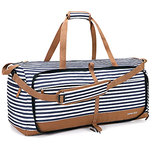 Lekesky Reisetasche für Damen, Übernachtungstasche, Wochenendtasche, Sporttasche, Turnbeutel mit Schuhfach, faltbare Reisetasche, A-blau gestreift, 100 l von Lekesky