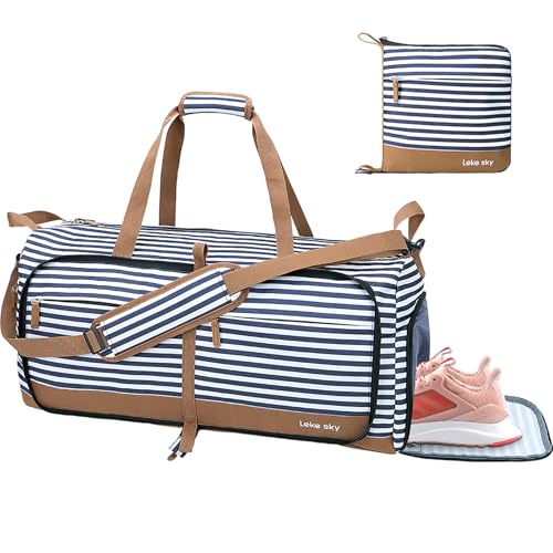 Lekesky Reisetasche für Damen, Übernachtungstasche, Wochenendtasche, Sporttasche, Turnbeutel mit Schuhfach, faltbare Reisetasche, A-blau gestreift, 120L von Lekesky