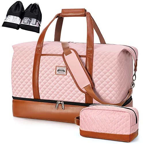 Lekespring Reisetasche Damen, Reisetasche Handgepäck Sporttasche Weekender Tasche Für Flugzeug, Kliniktasche Geburt, Duffle Bag mit Kulturbeutel und 2 Schuhsäcken, 50L, Rosa von Lekespring
