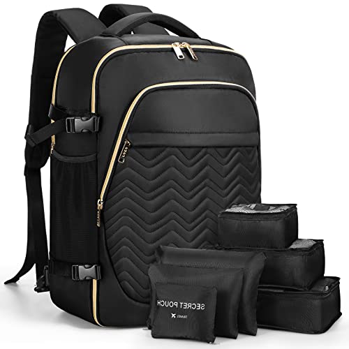 Lekespring Große Rucksack Handgepäck für Damen, 17 Zoll Laptop Rucksack Reiserucksack Business Rucksack mit 6 Teilige Kleidertaschen für Urlaub Business Arbeit Reisen, Schwarz Gesteppt von Lekespring