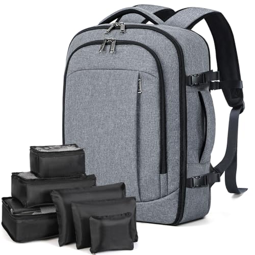 Lekespring Handgepäck Rucksack Damen Laptop Rucksack Reiserucksack Business Rucksack Travel Backpack mit 6 Teilige Kleidertaschen für Urlaub Business Arbeit Reisen, Grau von Lekespring