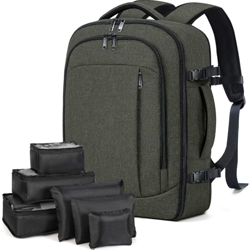 Lekespring Große Rucksack Handgepäck für Damen Herren, 17 Zoll Laptop Rucksack Reiserucksack mit 6 Teilige Kleidertaschen-Packing Cubes für Urlaub Business Arbeit, Grün von Lekespring