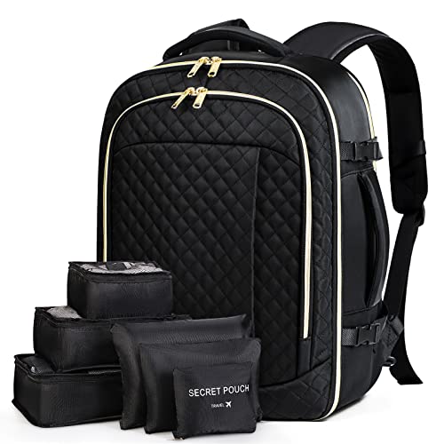 Lekespring Große Rucksack Handgepäck für Damen Herren, 17.3 Zoll Laptop Rucksack Reiserucksack mit 6 Teilige Kleidertaschen-Packing Cubes für Urlaub Business Arbeit, Schwarz Gesteppt von Lekespring