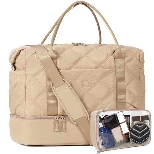 Lekespring Reisetasche Damen, Groß Puffer Weekender mit Schuhfach & Kulturbeutel, Leicht Sporttasche Handgepäck Tasche Kliniktasche Geburt Wasserdicht Travel Bag für Flugzeug, Reisen, Gym-Khaki von Lekespring