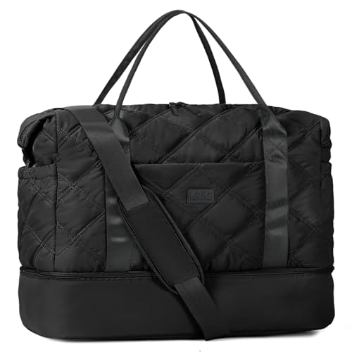 Lekespring Reisetasche Damen, Groß Puffer Weekender mit Schuhfach & Kulturbeutel, Leicht Sporttasche Handgepäck Tasche Kliniktasche Geburt Wasserdicht Travel Bag für Flugzeug, Reisen, Gym-Schwarz von Lekespring