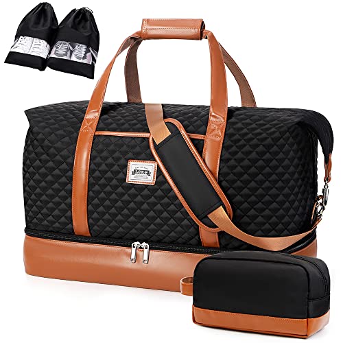 Lekespring Reisetasche Damen, Reisetasche Handgepäck Sporttasche Weekender Tasche Für Flugzeug, Kliniktasche Geburt, Duffle Bag mit Kulturbeutel und 2 Schuhsäcken, 35L, Schwarz von Lekespring