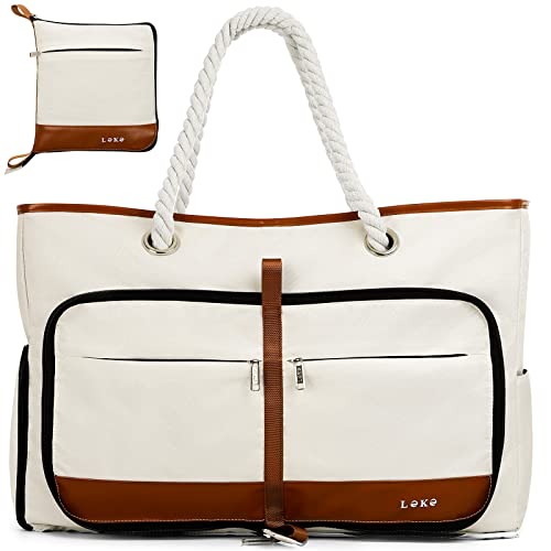 Lekespring Strandtasche Damen Groß mit Reißverschluss, Vielseitiger Damen Shopper Badetasche Saunatasche Reisetasche Tote Bag für Strand Reisen Einkaufen Sport u.Arbeit (Beige) von Lekespring