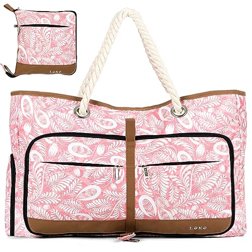 Lekespring Strandtasche Damen Groß mit Reißverschluss, Vielseitiger Damen Shopper Badetasche Saunatasche Reisetasche Tote Bag für Strand Reisen Einkaufen Sport u.Arbeit (Rosa Weidenzweig) von Lekespring