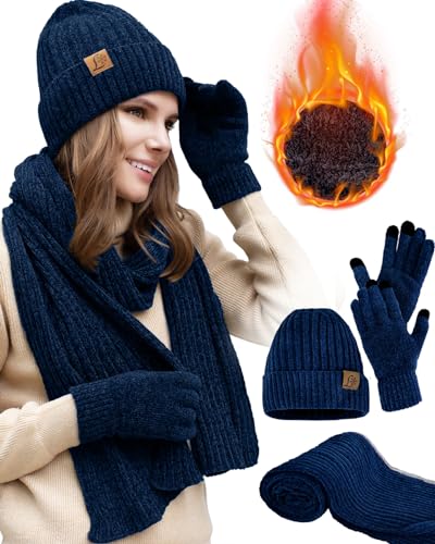 Damen Winter-Strickmütze, Beanie, langer Schal, Touchscreen-Handschuhe, Set mit Fleece-gefütterten Totenkopf-Kappen, Halstücher für Frauen, Chenille Marineblau, Medium Damen Winter-Strickmütze, Beanie, langer Schal, Touchscreen-Handschuhe, Set mit Fleece-gefütterten Totenkopf-Kappen, Halstücher für Frauen, Chenille Marineblau, Medium von Lelaffet