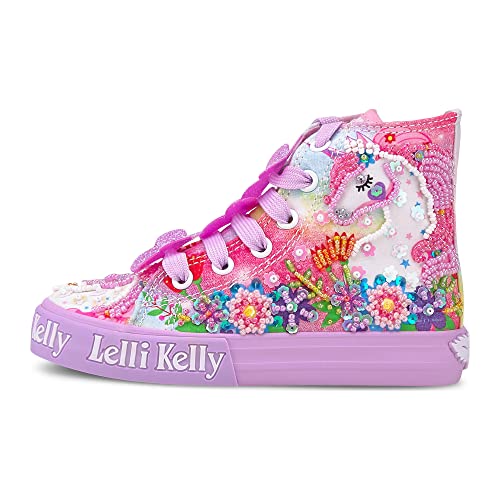 Lelli Kelly Mädchen Schnürhalbschuhe Unicorn Sneaker Glitzerdetails Textil Kinderschuhe geblümt, Pink Kombi, 26 EU von Lelli Kelly