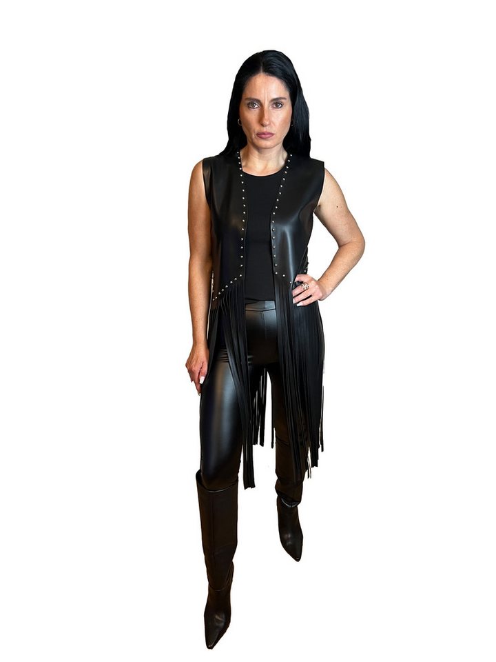 Lelü Fashion Fransenweste Ärmellose Kunstleder-Fransenweste mit Nieten lang schwarz von Lelü Fashion