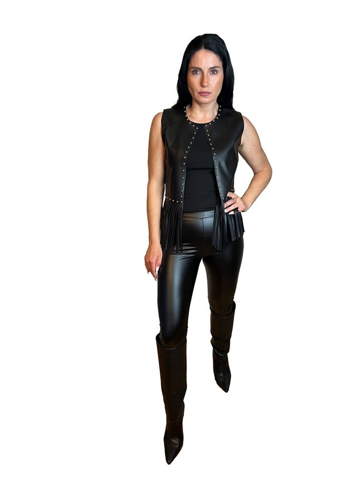 Lelü Fashion Fransenweste Ärmellose Kunstleder-Fransenweste mit Nieten schwarz von Lelü Fashion