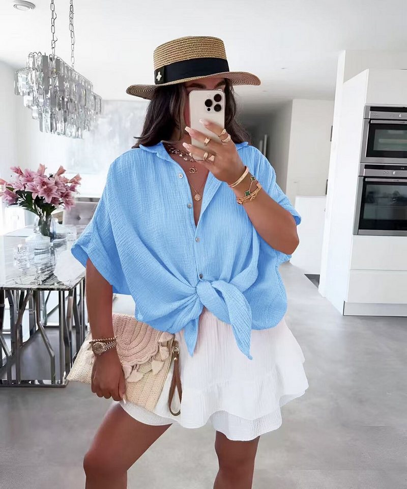 Lelü Fashion Kurzarmbluse Oversize Musselin Kurzarmhemd von Lelü Fashion