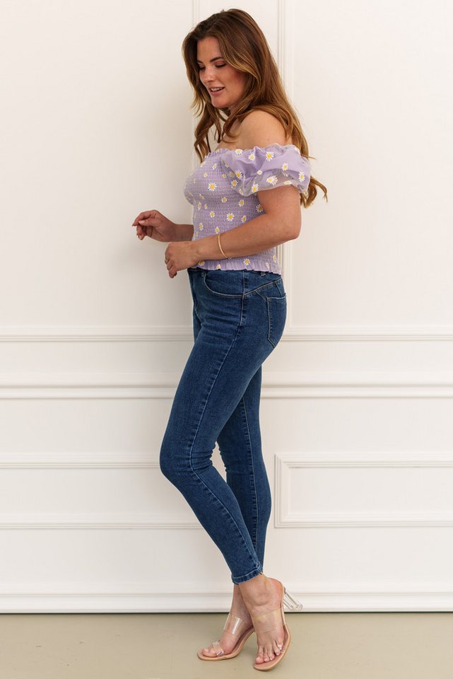 Lelü Fashion Kurzarmbluse mit Volant Print Margeriten Vorder- & Rückseite mit Falten für ein leicht drapierten Effekt von Lelü Fashion