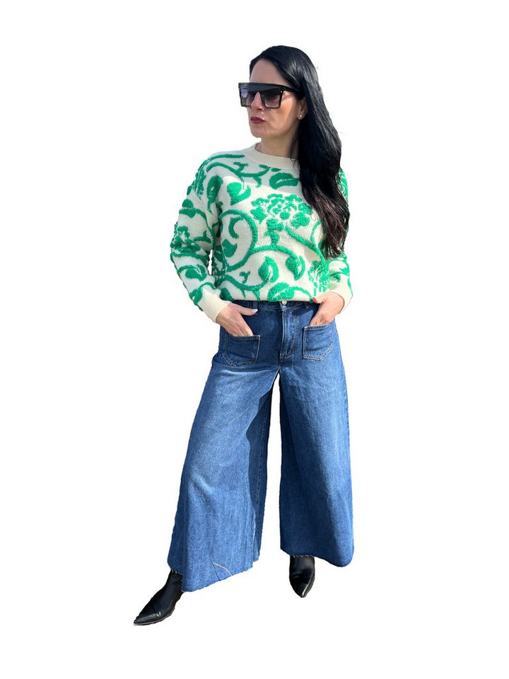 Lelü Fashion Rundhalspullover Pullover creme/grün von Lelü Fashion