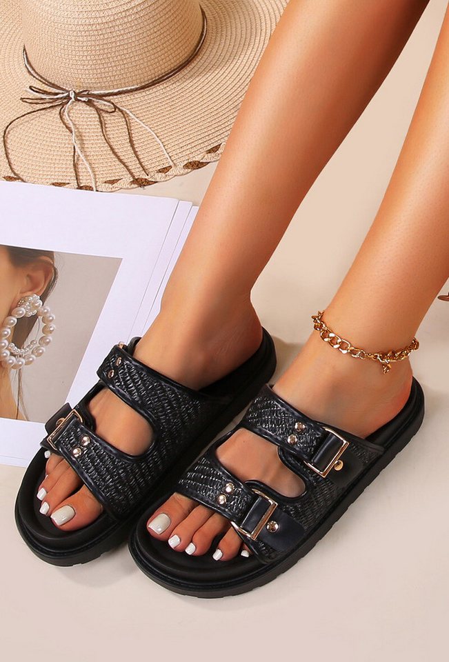 Lelü Fashion Schlappen mit Bast Riemen schwarz Pantolette goldene Schnallen von Lelü Fashion