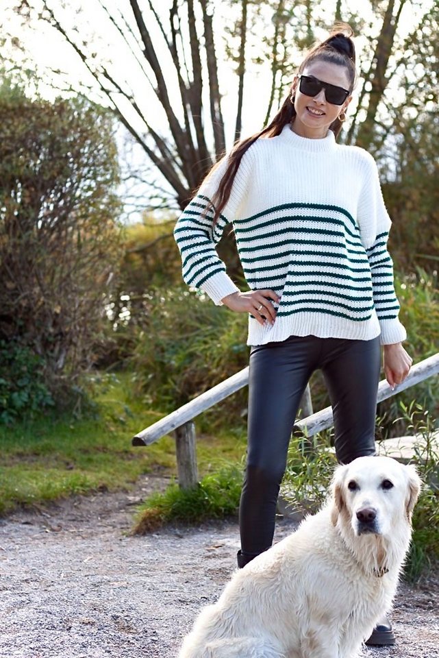 Lelü Fashion Stehkragenpullover Gestreifter Pullover grobstrick Pullover von Lelü Fashion