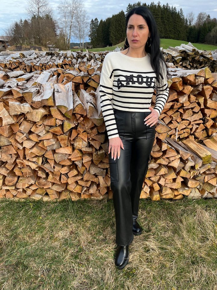 Lelü Fashion Streifenpullover Pullover AMOUR, Beige-Schwarz Amour, Streifen, kürzer geschnitten von Lelü Fashion