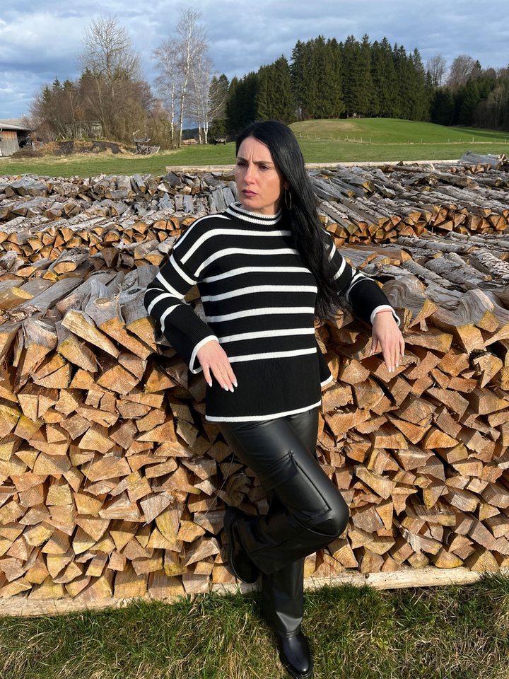 Lelü Fashion Streifenpullover Pullover mit Streifen Schwarz/Weiß in A-Linie, mit Seitenschlitzen von Lelü Fashion