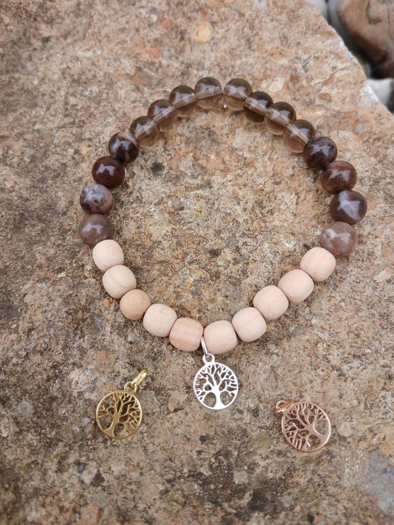 Energiearmband Resilienz Zirbenholz/Verst. Holz/Rauchquarz von LemanaUnikate