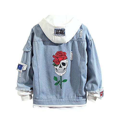 Lemany Damen Kapuzenpullover mit Totenkopf-Denim Gewaschener Denim Distressed Trucker Jacke Kapuzenpullover mit Totenkopf Oberbekleidung Mäntel, XXL von Lemany