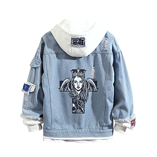 Lemany Damen Kapuzenpullover mit Totenkopf-Denim Gewaschener Denim Distressed Trucker Jacke Kapuzenpullover mit Totenkopf Oberbekleidung Mäntel von Lemany