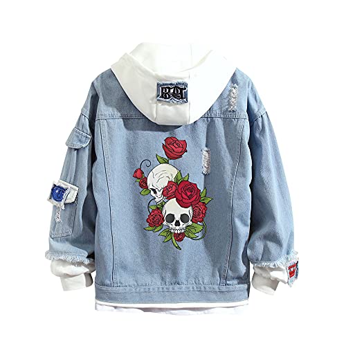 Lemany Damen Kapuzenpullover mit Totenkopf-Denim Gewaschener Denim Distressed Trucker Jacke Kapuzenpullover mit Totenkopf Oberbekleidung Mäntel von Lemany