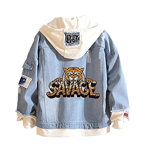 Lemany Tiger Denim Hoodie Jean False Zweiteilige Denim Jackenmäntel Button Down Hoodie Sweatshirts für Teen Adult von Lemany