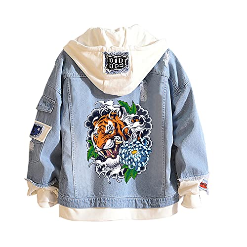 Lemany Tiger Denim Hoodie Jean False Zweiteilige Denim Jackenmäntel Button Down Hoodie Sweatshirts für Teen Adult von Lemany