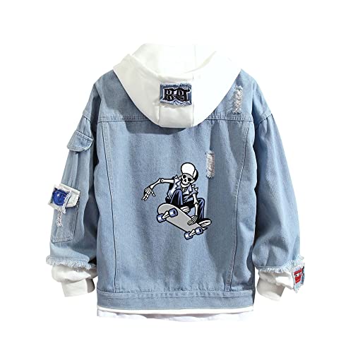 Lemany Totenkopf Skateboarding Jeansjacke Totenkopf Skateboarder Hoodie Sweatshirt Herren Damen Outwear Pullover von Lemany