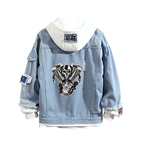 Lemany Unisex Skull Print Denim Hoodie Skull Denim Jacke Y2K Button Down Hoodie Sweatshirts für Teen Erwachsene von Lemany