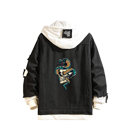Lemany Unisex Totenkopf Jeansjacke Totenkopf Denim Hoodie Y2K Jacke Button Down Trucker Jacke Jean Mantel für Damen Herren, 4XL von Lemany