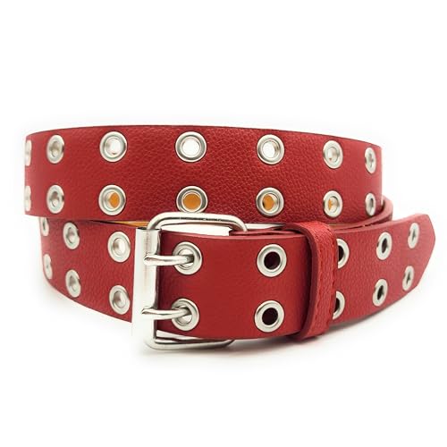 2-Loch 3-Loch Nietengürtel Ösen Gürtel Jeansgürtel Damen Herren echt Leder & PU schwarz, weiß, rot (2-Loch rot, 105cm) von Lemasi