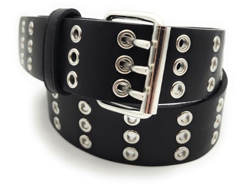 3-Loch Nietengürtel Ösen Gürtel Jeansgürtel Damen Herren echt Leder & PU schwarz (3-Loch schwarz, 115cm) von Lemasi