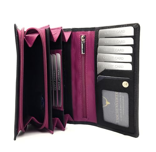 Echt Leder Damen Geldbörse RFID Schutz 160x90x35 mm – Portemonnaie Bicolor – 170 g, Viele Fächer, Druckknopf, Reißverschluss, großes Münzfach (schwarz-Berry) von Lemasi