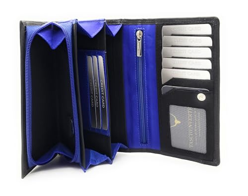 Echt Leder Damen Geldbörse RFID Schutz 160x90x35 mm – Portemonnaie Bicolor – 170 g, Viele Fächer, Druckknopf, Reißverschluss, großes Münzfach (schwarz-Royalblau) von Lemasi