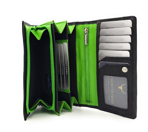 Echt Leder Damen Geldbörse RFID Schutz 160x90x35 mm – Portemonnaie Bicolor – 170 g, Viele Fächer, Druckknopf, Reißverschluss, großes Münzfach (schwarz-grün) von Lemasi
