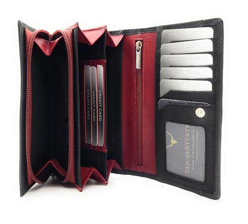 Echt Leder Damen Geldbörse RFID Schutz 160x90x35 mm – Portemonnaie Bicolor – 170 g, Viele Fächer, Druckknopf, Reißverschluss, großes Münzfach (schwarz-rot) von Lemasi