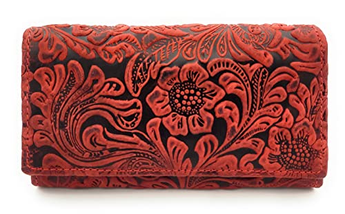 Echt Leder Damen Geldbörse mit RFID Schutz, geprägtes Vollrindleder Florale Motive, Ranken und Blüten (Rot) von Lemasi
