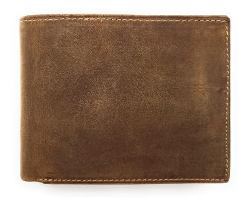 Exklusive Geldbörse aus echtem Büffelvollleder – RFID Schutz, robust & elegant, 9 Kartenfächer, 2 Scheinfächer, Münzfach mit Chipfach, Reißverschlussfach, Sichtfach, Innenriegel (Cognac braun quer) von Lemasi