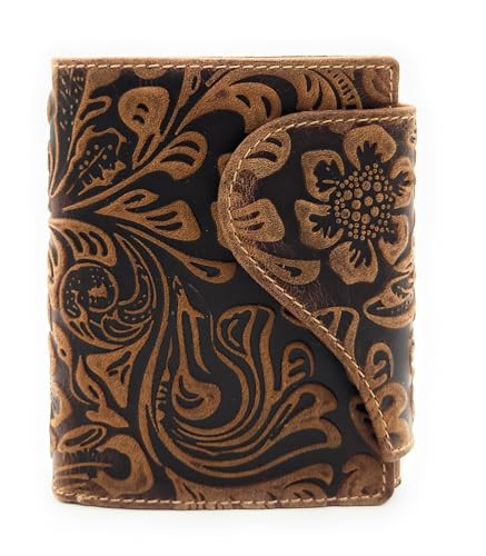 Feminine echt Leder Damen Geldbörse mit Außenriegel geprägtes Vollrindleder, Florale Motive, Ranken und Blüten mit RFID Schutz von Lemasi
