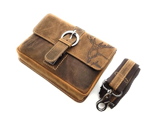 Gürteltasche Leder Vintage - Hunterleder Bauchtasche Herren mit Hirschprägung - Handgefertigte Hüfttasche mit Umhängegurt von Lemasi