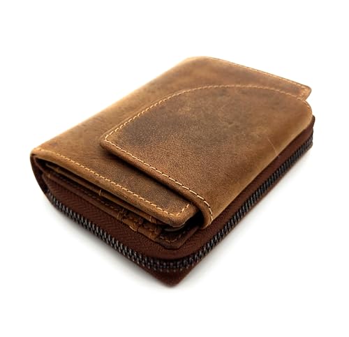 Jockey Club Damen Geldbörse aus echtem Hunterleder Braun – RFID Schutz, Außenriegel mit Druckknopf, Münzfach mit Reißverschluss, 9 Kartenfächer, 6 Steckfächer, 1 Sichtfach, 2 Scheinfächer von Lemasi