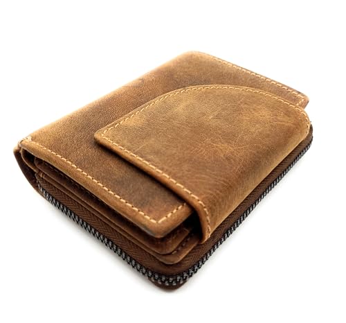 Jockey Club Damen Geldbörse aus echtem Hunterleder Braun – RFID Schutz, kompakt, Außenriegel mit Druckknopf, Münzfach mit Reißverschluss & Chipfach, 7 Kartenfächer, 3 Steckfächer, 2 Sichtfächer von Lemasi