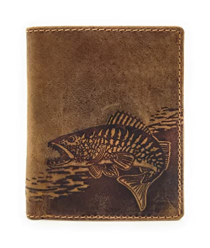Lemasi echt Leder Geldbörse Anglerbörse Portemonnaie mit RFID NFC Schutz Fisch Zander (braun) von Lemasi